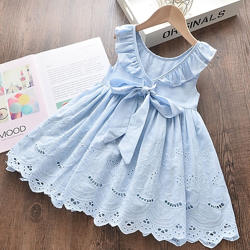 

Kids Girls' Dress Solid Colored Above Knee Dress School Embroidered 100% Cotton Sleeveless Cute Dress 2-6 Years Summer Blue