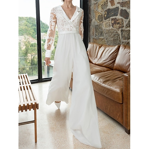 

Bridal Shower Bryllupskjoler Gulvlengde Jumpsuit / Pantsuit Langermet Skjortekrage V-hals Chiffon Med Appliqué 2023 Brudekjoler