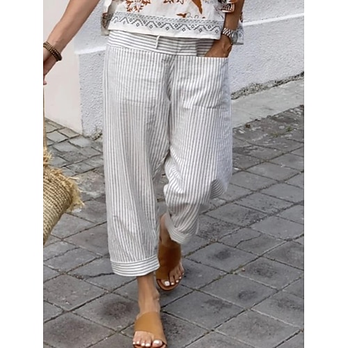 

Women's Chinos Slacks Pants Trousers White Mid Waist Fashion Casual Weekend Side Pockets Micro-elastic Ankle-Length Comfort Stripe S M L XL XXL