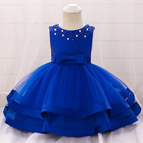 

Robe bébé Fille Le style mignon Doux Anniversaire Festival Polyester Ligne Couleur unie Ruché Lacet Maille Sans Manches Maxi Bleu