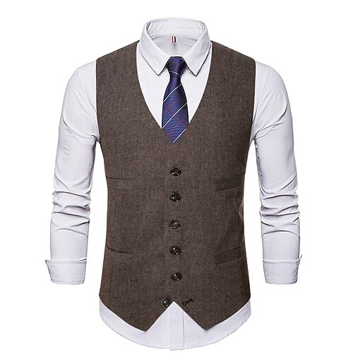 

Men's Vest Thermal Warm Daily Single Breasted V Neck Sporty Jacket Outerwear Solid Color Pocket Coffee Gray / Fall / Sleeveless
