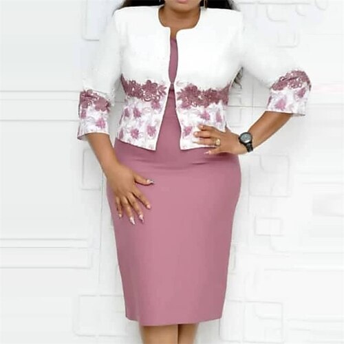 

Women's Plus Size Work Dress Floral Crew Neck Print 3/4 Length Sleeve Winter Fall Elegant Casual Midi Dress Formal Work Dress