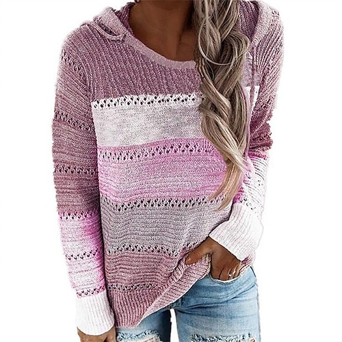 

Women's Pullover Sweater Jumper Hollow Out Knitted Color Block Basic Casual Soft Knit Long Sleeve Regular Fit Sweater Cardigans Hooded Fall Winter Pink Blue Purple / Holiday / Going out