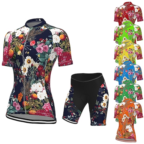 

21Grams Women's Short Sleeve Cycling Jersey with Shorts Summer Spandex Polyester Black Dark Green Green Floral Botanical Funny Bike Clothing Suit 3D Pad Breathable Quick Dry Moisture Wicking