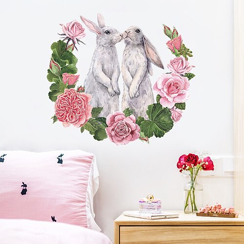 

new couple rabbit rose flower bedroom home cabinet wall decoration removable wall sticker self-adhesive