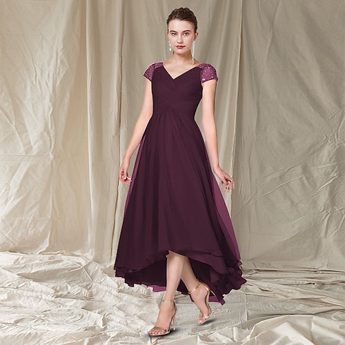 

A-Line Mother of the Bride Dress Elegant V Neck Asymmetrical Ankle Length Chiffon Cap Sleeve with Pleats Beading Sequin 2022