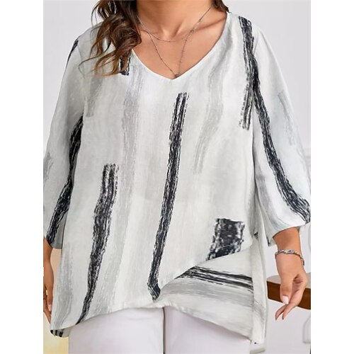 

Women's Plus Size Curve Tops Blouse Shirt Striped Asymmetric Print Long Sleeve V Neck Streetwear Daily Weekend Polyester Fall Winter Green White