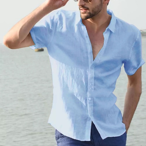 Hombre camisa de lino Camisa Camisa de verano Camisa de playa Negro Blanco Azul Piscina Manga Corta Plano Cuello Verano Primavera Calle Casual Ropa