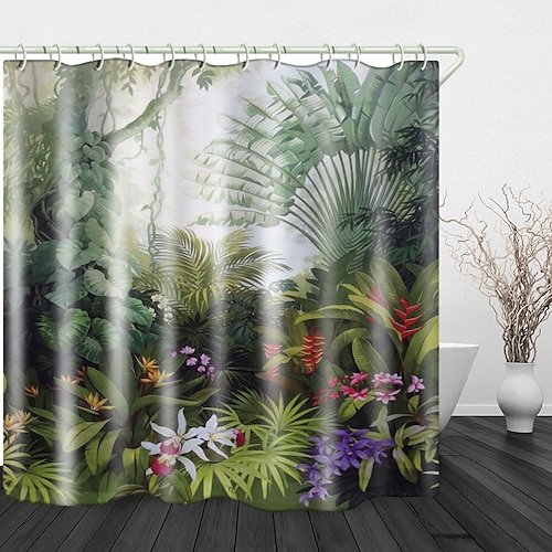 

Tropical Plants Printed Waterproof Fabric Shower Curtain Bathroom Home Decoration Covered Bathtub Curtain Lining Including hooks.