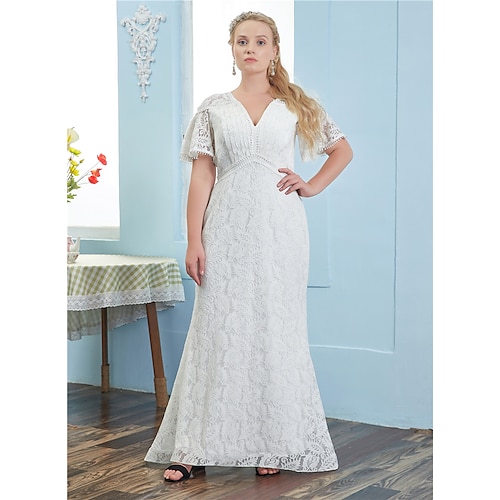 

Mermaid / Trumpet Wedding Dresses V Neck Sweep / Brush Train Lace Tulle Short Sleeve 3/4 Length Sleeve Romantic Plus Size Elegant with Tassel 2022