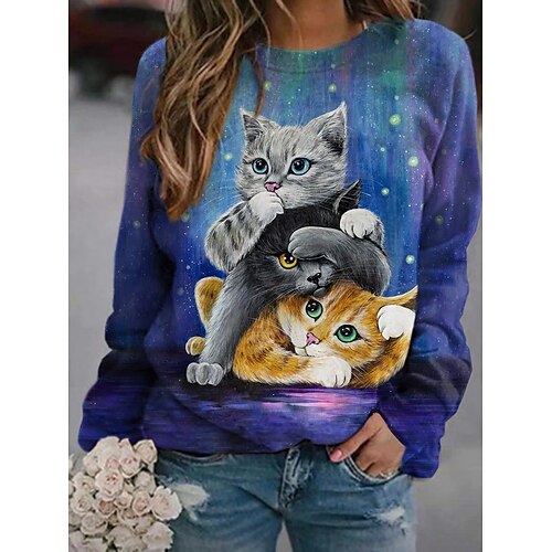 

Women's Sweatshirt Pullover Active Streetwear Print Purple Animal Cat 3D Daily Round Neck Long Sleeve S M L XL XXL / 3D Print