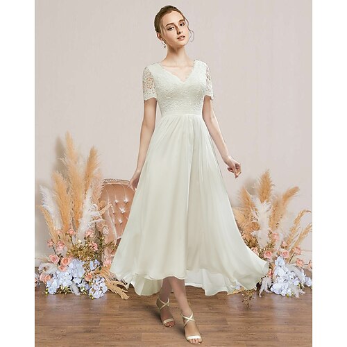 

A-Line Wedding Dresses V Neck Strapless Asymmetrical Ankle Length Chiffon Lace Short Sleeve Romantic Simple with 2022