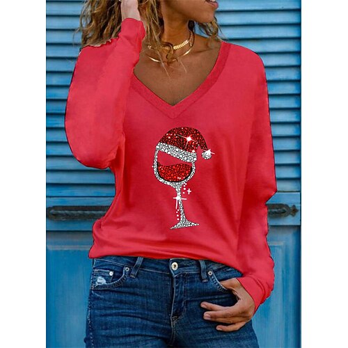 

Women's T shirt Tee Green Black Blue Ugly Christmas Wine Glass Print Long Sleeve Christmas Weekend Christmas V Neck Regular Regular Fit Painting S