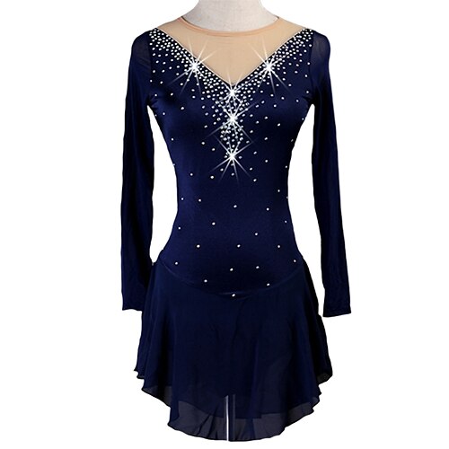 

Figure Skating Dress Women's Girls' Ice Skating Dress Outfits Dark Navy Mesh Spandex Practice Professional Competition Skating Wear Anatomic Design Quick Dry Handmade Classic Crystal / Rhinestone
