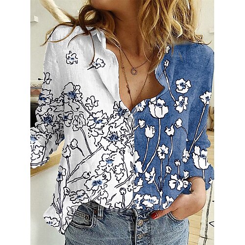 

Women's Blouse Shirt Blue Floral Color Block Button Print Long Sleeve Holiday Weekend Streetwear Casual Shirt Collar Regular Floral S / 3D Print