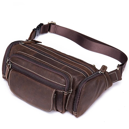 

Men's Retro Bum Bag Messenger Bag Fanny Pack Nappa Leather Cowhide Zipper Daily Outdoor Light Coffee Dark Coffee Brown