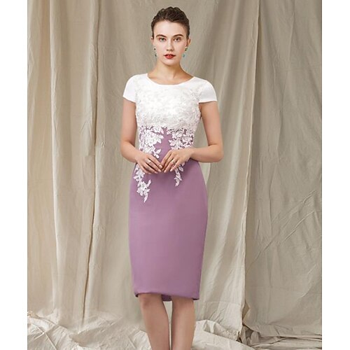 

Sheath / Column Mother of the Bride Dress Elegant Jewel Neck Knee Length Chiffon Lace Short Sleeve with Appliques 2022