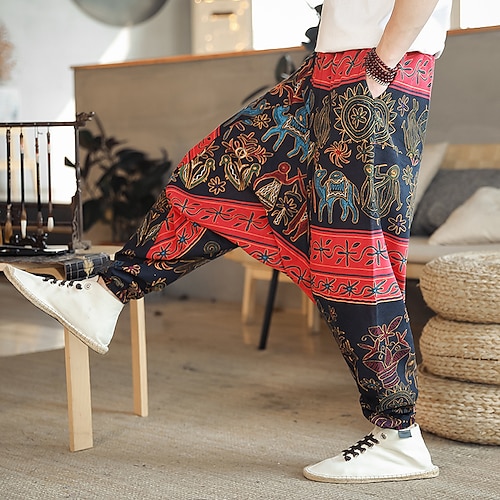 

Men's Harem Pants Trousers Elastic Waist Leaf Patterned Lattice Soft Full Length Casual Daily Cotton And Linen Chinoiserie Harlem Pants Black / Red Green Micro-elastic