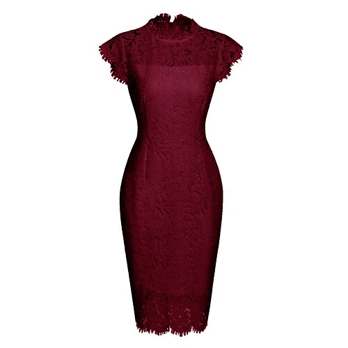 

Women's Party Dress Lace Dress Sheath Dress Black Wine Navy Blue Short Sleeve Pure Color Lace Spring Summer Stand Collar Party Wedding Guest S M L XL XXL