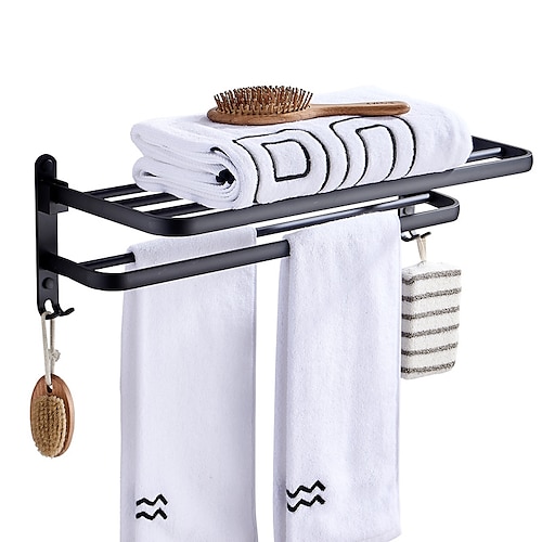 

Towel Rack Punch-Free Shower Holder Bathroom Accessories Folding Wall Organizer Hook Hanger Matte Black Aluminum Storage Shelf