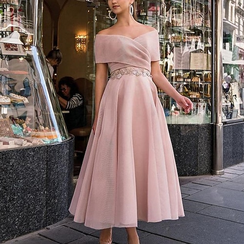 

A-Line Princess Cute Wedding Guest Prom Dress Off Shoulder Short Sleeve Tea Length Organza with Sash / Ribbon Pure Color 2022