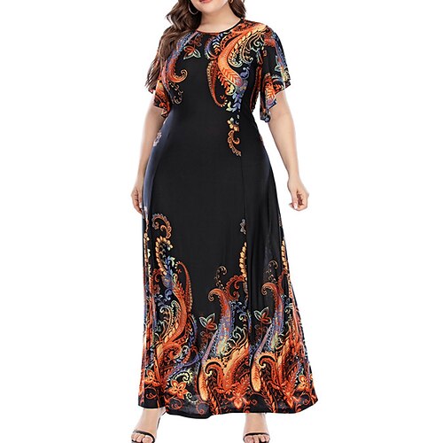 

Women's Plus Size Holiday Dress Floral Crew Neck Print Short Sleeve Fall Spring Casual Boho Maxi long Dress Causal Daily Dress