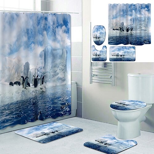 

Cute Penguin Printed Bathroom Home Decoration Bathroom Shower Curtain Lining Waterproof Shower Curtain With 12 Hooks Floor Mats and Four-Piece Toilet Mats.
