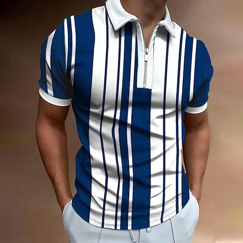 

Men's Collar Polo Shirt Golf Shirt Letter Striped Tartan Standing Collar Blue Other Prints Going out golf shirts Short Sleeve Clothing Apparel Designer Punk & Gothic / Slim