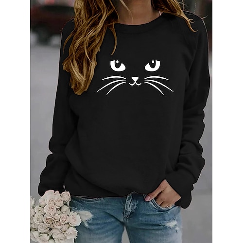 

Women's Sweatshirt Pullover Basic Print Wine Red Green Black Graphic Cat Sports & Outdoor Round Neck Long Sleeve S M L XL XXL