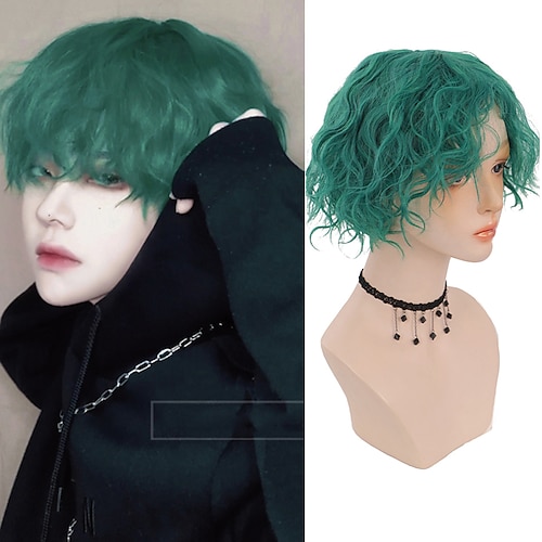 

Men's Green Short Corn wave synthetic wig male boys cosplay anime daily party wig heat resistant