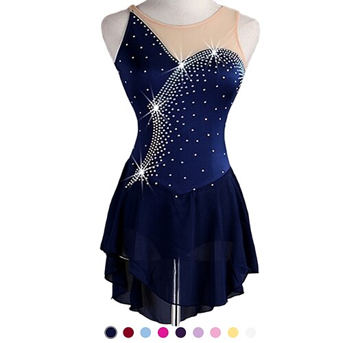 

Figure Skating Dress Women's Girls' Ice Skating Dress Outfits White Dark Navy Mesh Spandex Practice Professional Competition Skating Wear Anatomic Design Quick Dry Handmade Classic Crystal