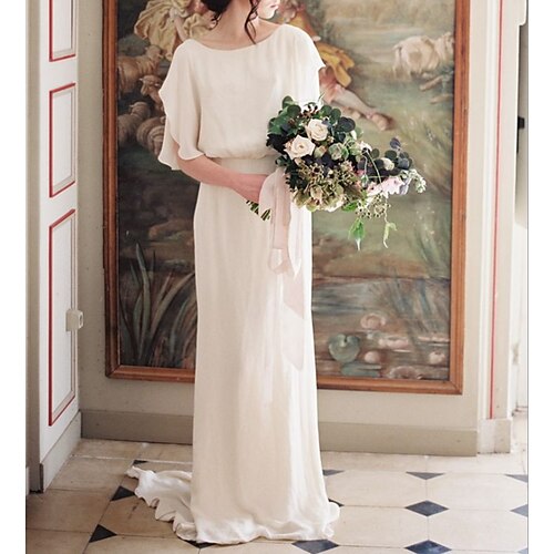 

Sheath / Column Wedding Dresses Jewel Neck Sweep / Brush Train Chiffon Short Sleeve Simple Beach with Solid Color 2022