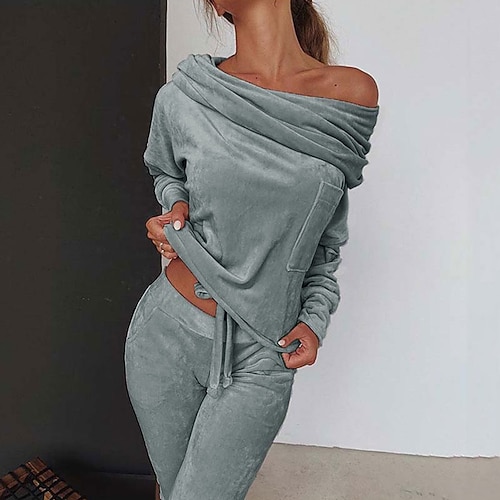 

Women's Hoodie Sweatshirt Pants Sets Basic Streetwear Purple Pink Activewear Plain Drawstring Off Shoulder S M L XL XXL
