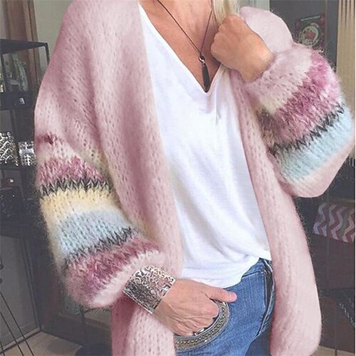 

Women's Cardigan Knitted Rainbow Color Block Basic Casual Long Sleeve Loose Sweater Cardigans Open Front Fall Spring Pink Light Green Beige / Daily / Holiday