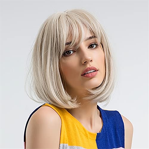 

Blonde Bob Wig Short Platinum Blonde Wigs for White Women Blonde Bob Wig with Bangs Synthetic Straight Cosplay Wigs for Party Daily Use 10 Inch