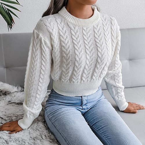 

Women's Pullover Sweater jumper Jumper Cable Knit Cropped Knitted Solid Color Crew Neck Casual Soft Daily Date Winter Fall Blue Gray S M L / Long Sleeve / Regular Fit