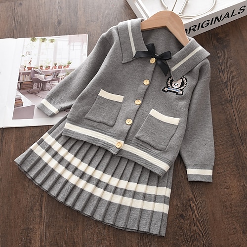 

2 Pieces Kids Girls' Clothing Set Outfit Stripe Long Sleeve Pleated Set School Cute Sweet Winter Fall 3-8 Years Gray