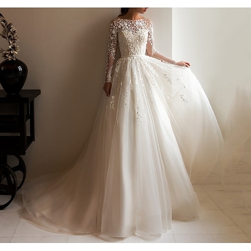 

A-Line Wedding Dresses Jewel Neck Court Train Lace Tulle Long Sleeve Formal Romantic Luxurious with Appliques 2022