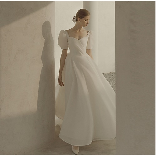 

A-Line Wedding Dresses Scoop Neck Ankle Length Organza Short Sleeve Country Simple Little White Dress 1950s with Ruffles 2022 / Puff Balloon Sleeve