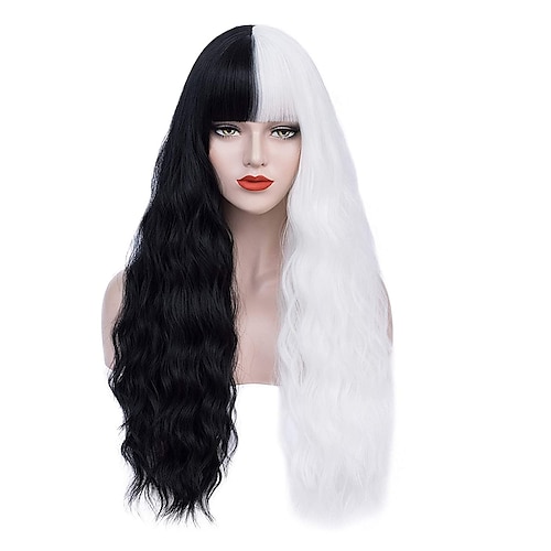 

Black White Wigs for Cruella Deville Women Long Curly Wavy Hair Wig with Bangs Cute Synthetic Wig for Party 26inch