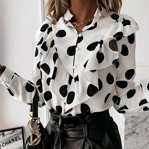 

Women's Blouse Shirt Khaki Dark Gray Beige Polka Dot Ruffle Button Long Sleeve Daily Weekend Streetwear Casual Standing Collar Regular S