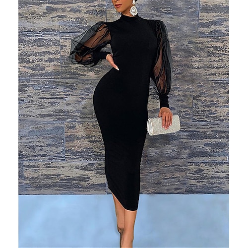

Sheath / Column Little Black Dress Sexy Wedding Guest Engagement Dress High Neck Long Sleeve Tea Length Stretch Fabric with Pure Color Splicing 2022