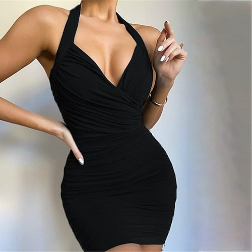 

vestido de férias feminino vestido bainha vestido preto mini vestido verde preto azul sem mangas cor pura franzido primavera verão frente única pescoço quente fino 2022 s m l xl xxl