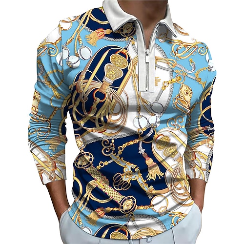 

Men's Collar Polo Shirt Golf Shirt Chains Print Collar Blue 3D Print Outdoor Street Long Sleeve Zipper 3D Print Clothing Apparel Fashion Sportswear Casual Comfortable / Regular Fit