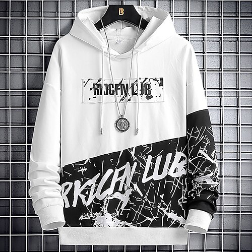

Men's Hoodie White Black Hooded Color Block Letter Print Patchwork Casual Streetwear Cool Designer Winter Fall & Winter Clothing Apparel Hoodies Sweatshirts Long Sleeve