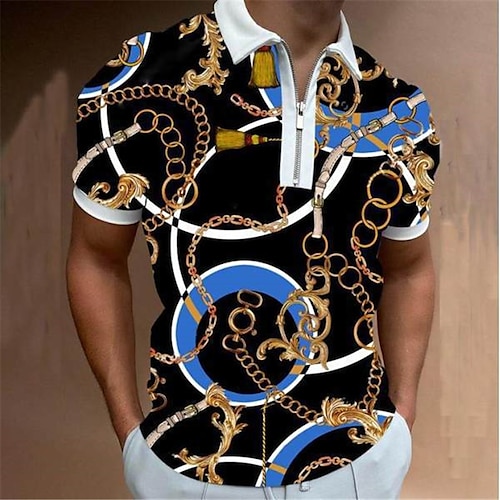 

Men's Collar Polo Shirt Golf Shirt Chains Print Collar Black Outdoor Street Short Sleeve Zipper Print Clothing Apparel Fashion Sportswear Casual Comfortable / Summer / Summer