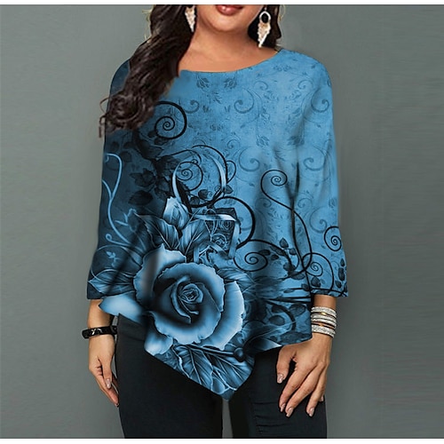

Women's Plus Size Tops Blouse Graphic Graffiti Asymmetric Print Long Sleeve Crewneck Streetwear Valentine's Day Daily Weekend Polyester Fall Spring Blue Rainbow