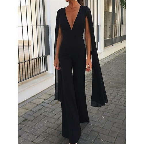 

Jumpsuits Minimalist Elegant Wedding Guest Formal Evening Birthday Dress V Neck Long Sleeve Floor Length Chiffon with Sleek 2022