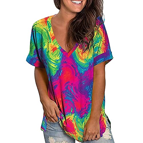 

womens summer tops, 2021 women gradient t-shirt v-neck loose tees with sleeves tops printed side split tunic blouses green