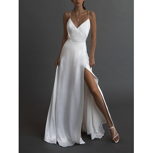 

A-Line Wedding Dresses V Neck Spaghetti Strap Sweep / Brush Train Charmeuse Sleeveless Simple Sexy with Split Front 2022